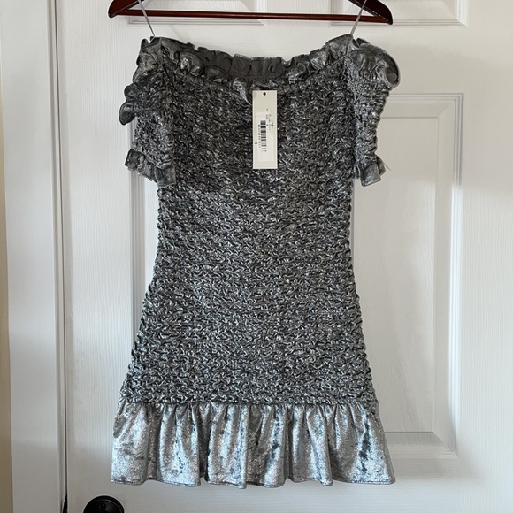 Petersyn X Revolve silver velour cocktail dress smocked off shoulder - Picture 2 of 10